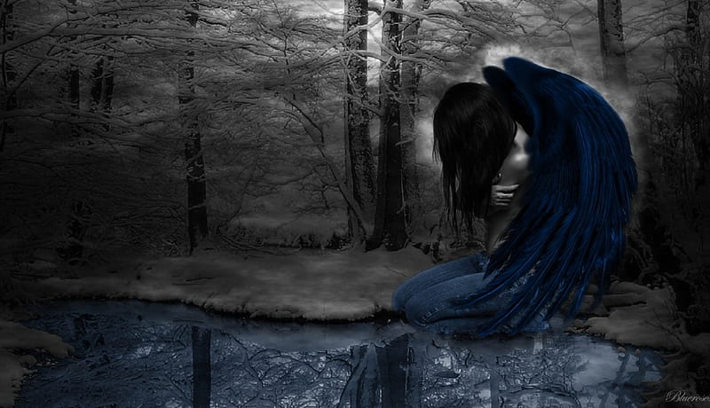 So cold after the fall ... so lonely..., fall, blue feathers, fallen angel, woman, snowy, desperation, gris, blue, forest, angel, trees, lake, brunette, loneliness, dark, two colours, frozen, HD wallpaper