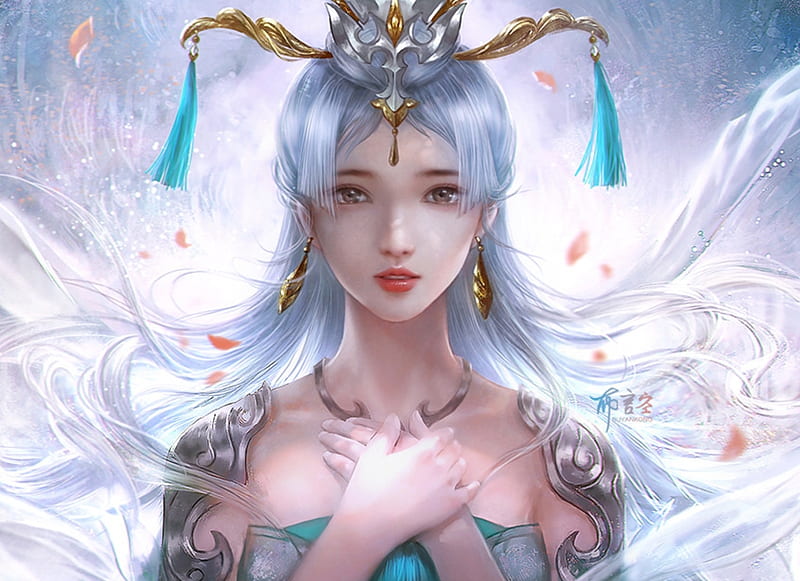 Empress, yankong bu, fantasy, frumusete, hand, asian, white, blue, luminos, HD wallpaper