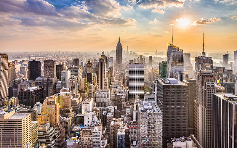 New York, morning, sunrise, Empire State Building, Manhattan, skyscrapers, New York City panorama New York city skyline, USA, New York skyline, HD wallpaper