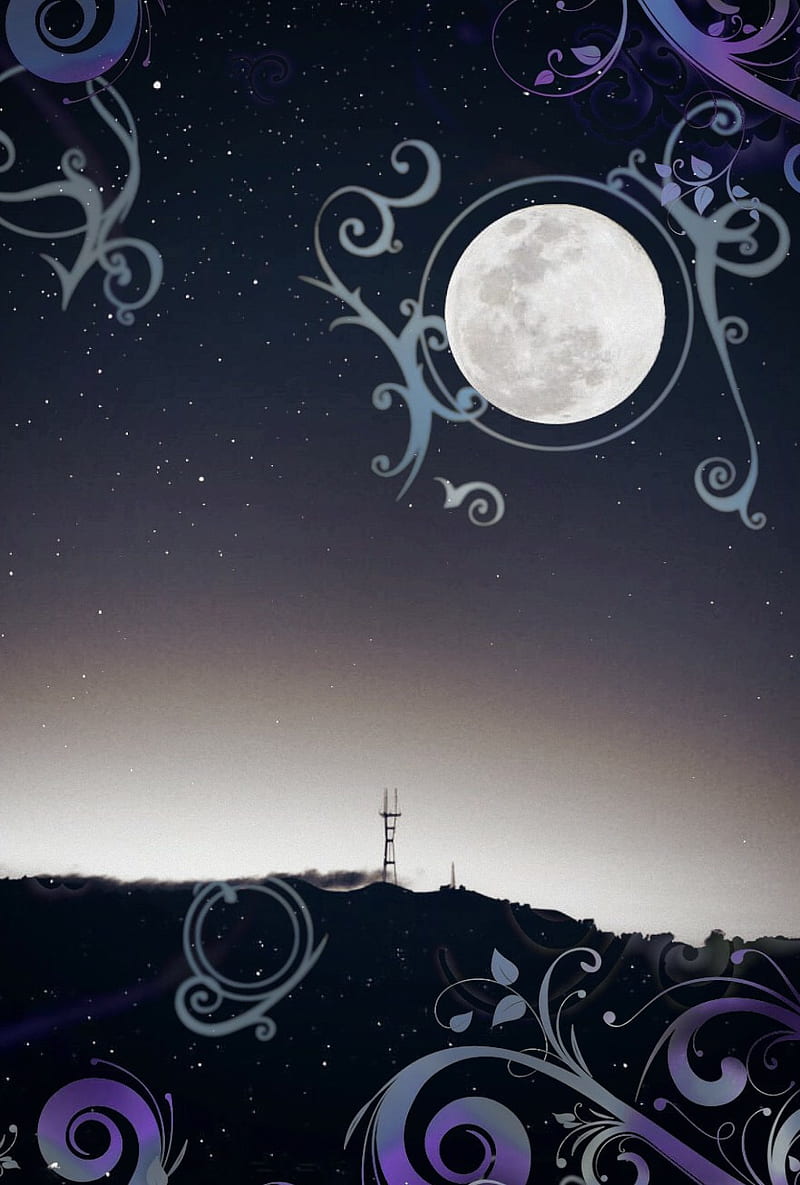 SF Night Fantasy, art, gray, moon, purple, san francisco, sky, stars, vector, HD phone wallpaper