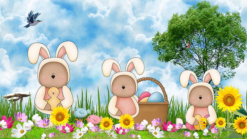 Easter Bears, baskets, grass, mushroom, firefox persona, easter, spring, trees, bird, eggs, flowers, bears, bunnies, HD wallpaper