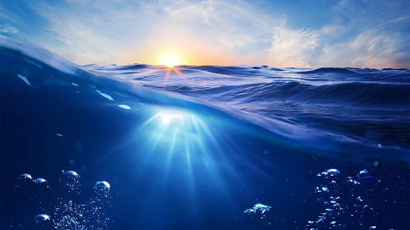 Sunlight Under the Water, underwater, bubble, horizon, sunlight, ocean, wave, sea, calm, nature, HD wallpaper