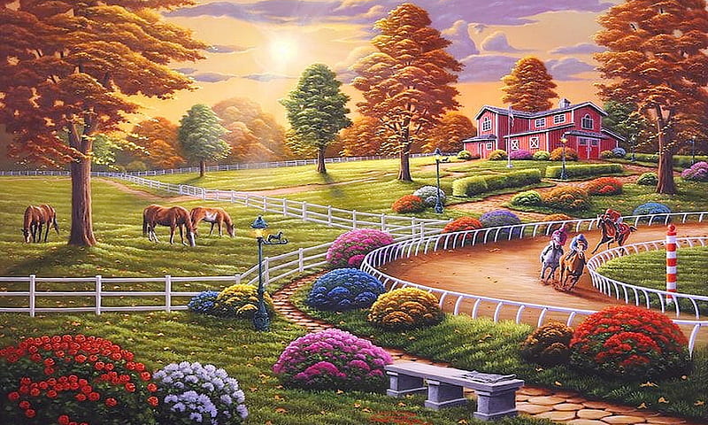 Afternoon Training, scenic, autumn, flowers, painting, trees, Nature, horses, Fall, house, colors, HD wallpaper