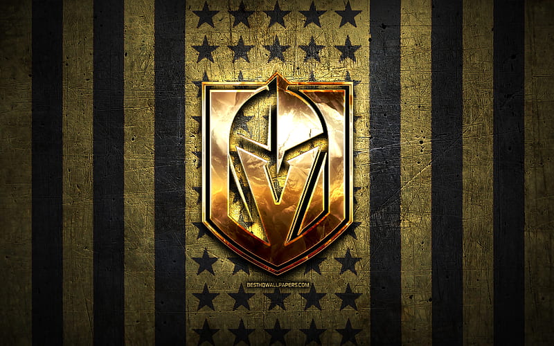 Vegas Golden Knights flag, NHL, brown black metal background, american hockey team, Vegas Golden Knights logo, USA, hockey, golden logo, Vegas Golden Knights, HD wallpaper