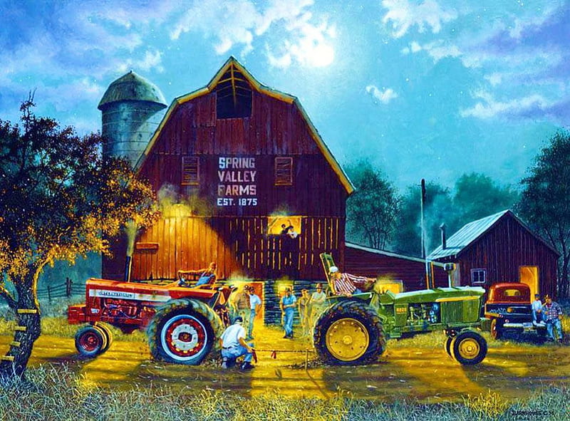 End of a Working Day, countryside, people, moonlight, tractors, artwork, barn, HD wallpaper