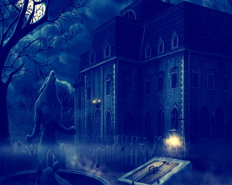 Haunted House  HD-wallpaper-the-wolf-at-the-door-moon-house-fantasy-werewolf-night