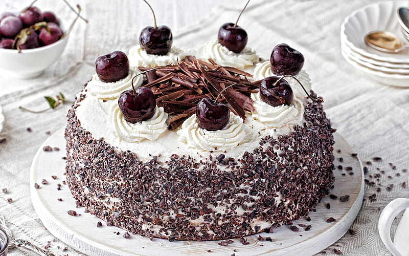 chocolate cake with cherries, chocolate dessert, cake, cherries, cream cake with cherries, HD wallpaper