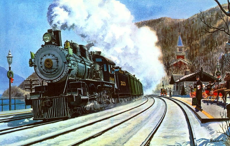 Train Station, locomotive, snow, people, painting, steam, railways, artwork, HD wallpaper