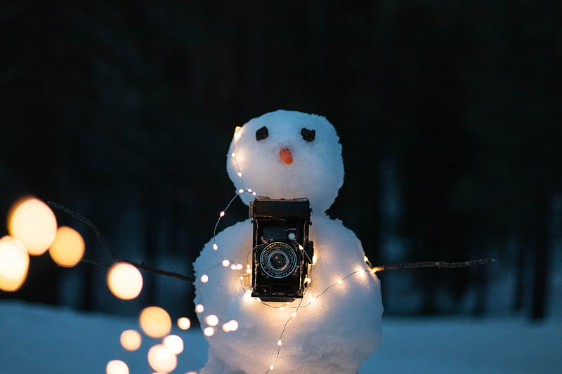 snowman with lighted string lights and black DSLR camera, HD wallpaper