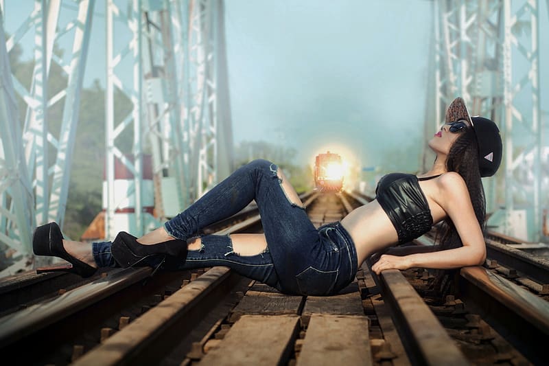 Brunette Posing on Railway Tracks, model, high heels, brunette, railway, trains, hat, jeans, HD wallpaper