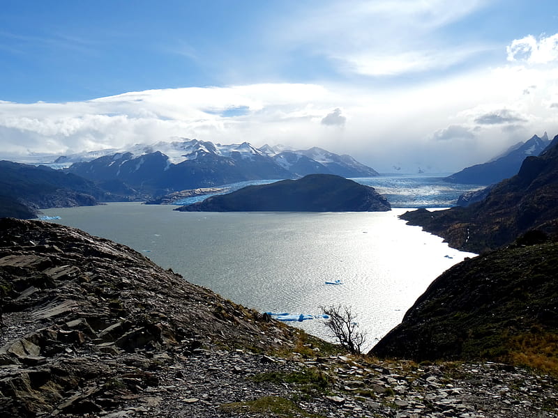 Looming Glacier, glacier, clouds, lake, mountains, HD wallpaper