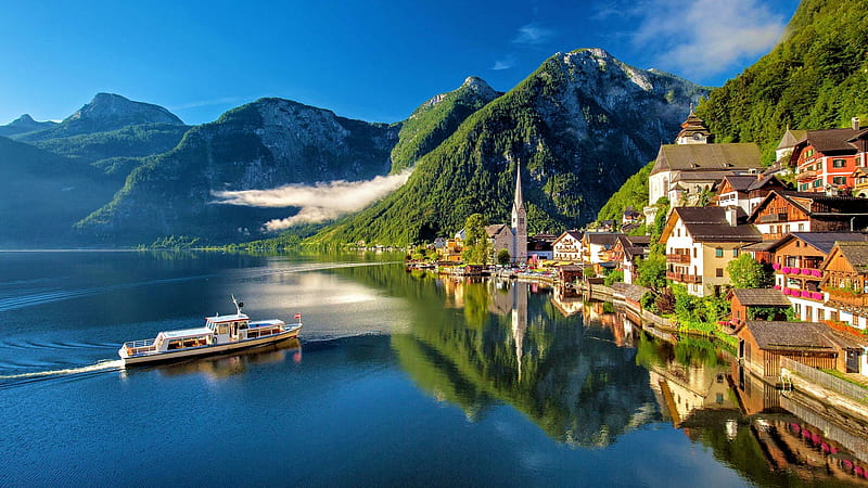 Hallstatt, Austria, church, lake, boat, mountains, summer, village, sky, HD wallpaper