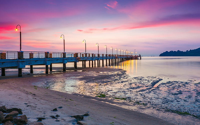 light poles on a lovely pier, beach, light poles, pier, sunset, sea, HD wallpaper