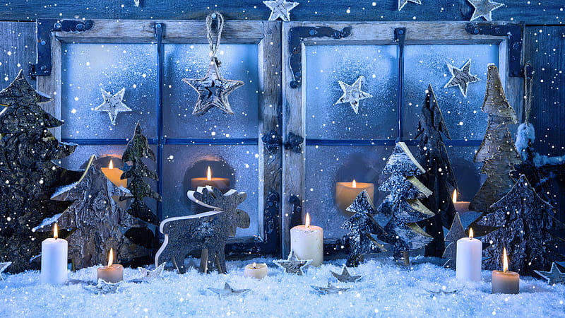 Happy New Year christmas decoration, snowfall, candles, Christmas, HD wallpaper