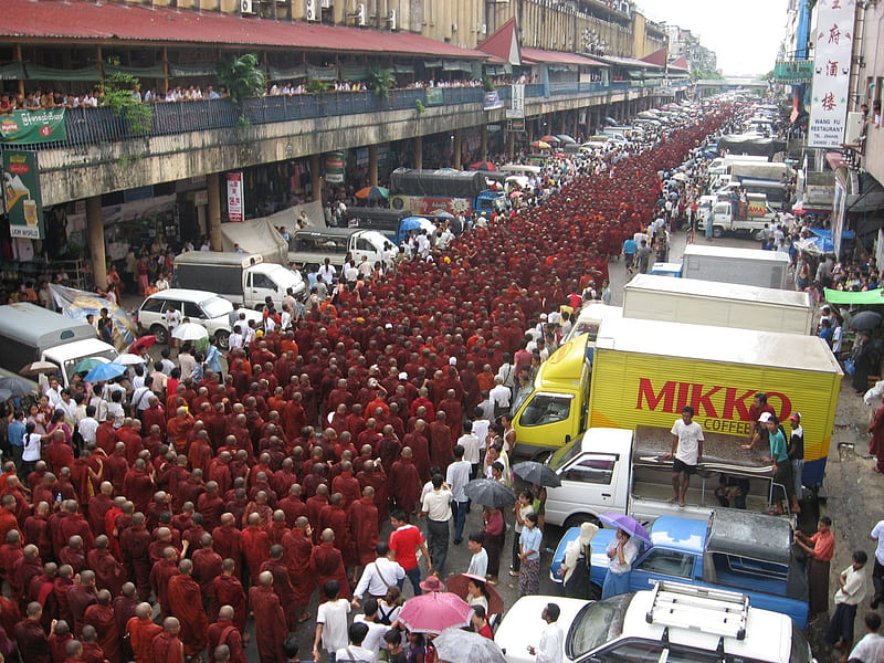 Monk Protest In Rangoon, Burma, Monks, Rangoon, Myanmir, HD wallpaper