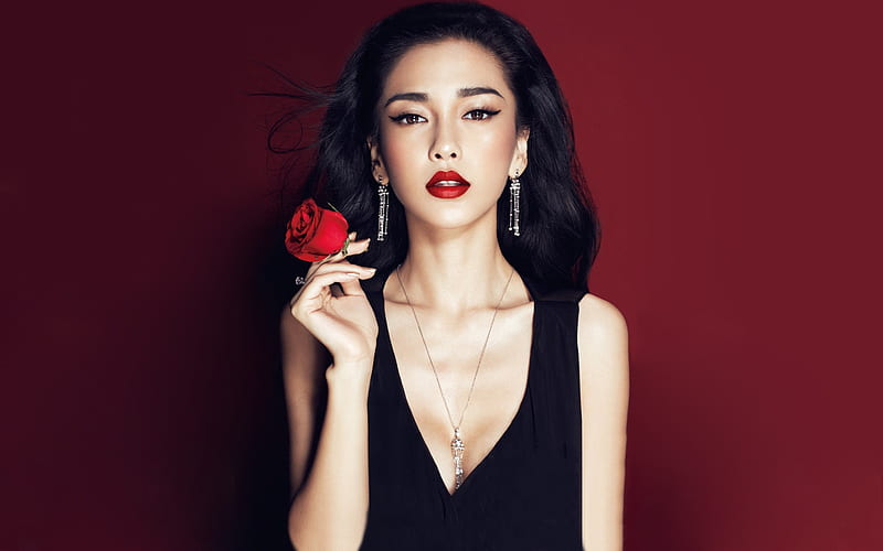 Beauty, red, girl, model, rose, black, asian, Li Bingbing, woman, HD  wallpaper | Peakpx