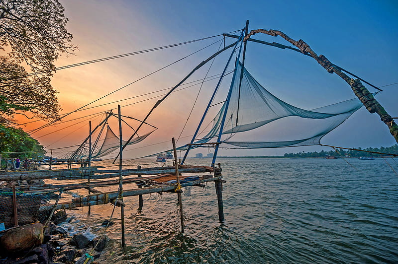 Kochi, Kerala, Blues, Back, Water, Lagoons, Sunset, Beach, Ship, Channels,  Chinese, HD wallpaper | Peakpx