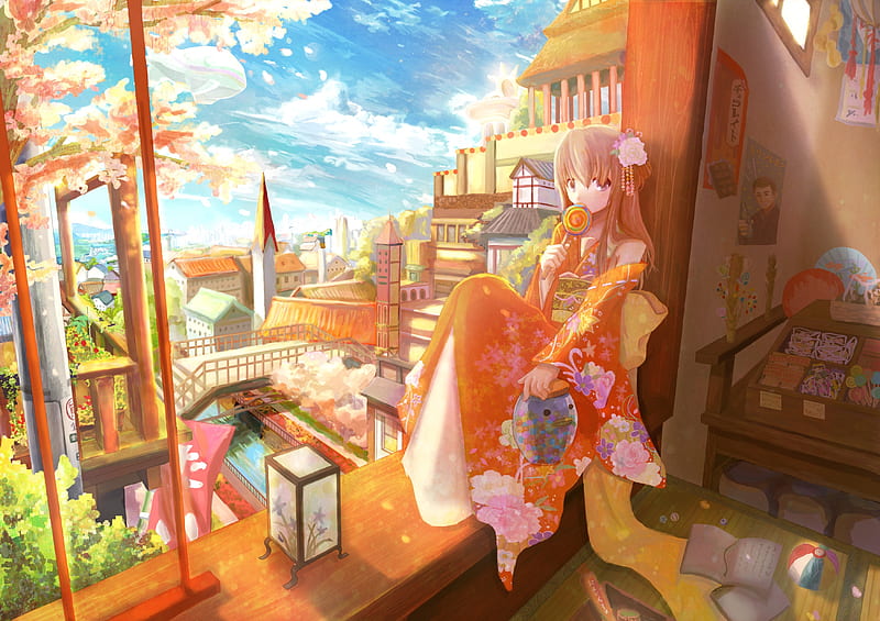 Sweet Kimono, candy, shop, house, scenic, sweet, city, anime, hot, anime girl, room, scenery, long hair, female, cloud, food, traditional, stall, town, sky, kimono, sexy, building, cute, girl, japanese clothes, traditional clothes, scene, HD wallpaper