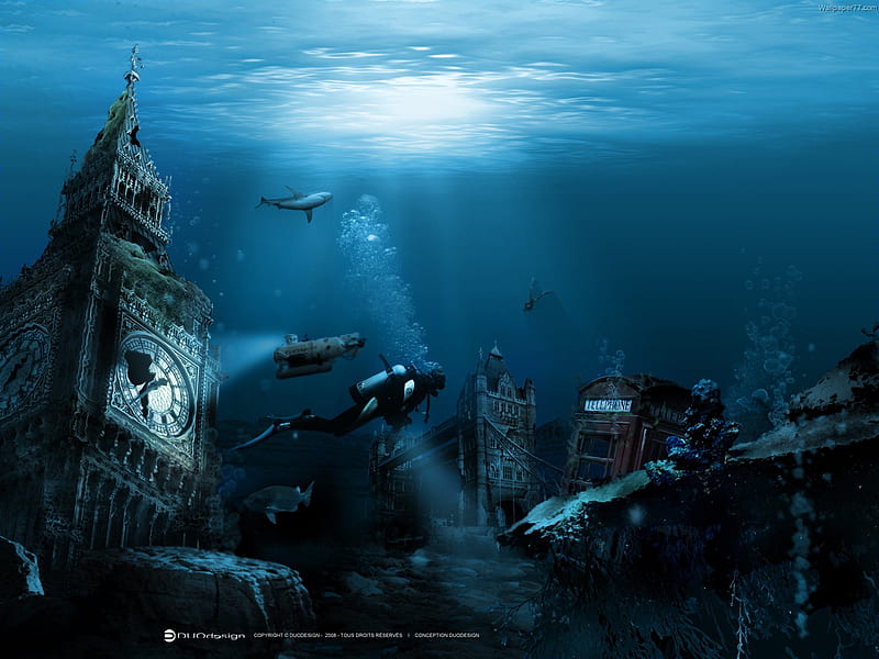 Lost city, mistic, dive, sea, undersea, HD wallpaper