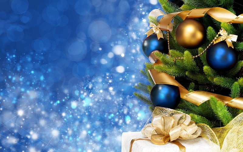 ***Magic Christmas***, advent, special, holidays, golden, new year, magic, joy, decor, tree, holy, balls, gifts, blue, HD wallpaper