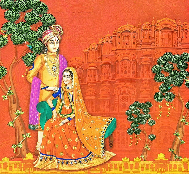 MARRIAGE PAINTING, couple, hawa mahal, jaipur, mahal, marriage, paint, painted, painting, palace, posted, HD wallpaper