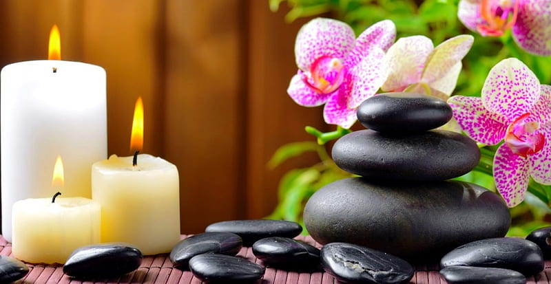 Spa still life, relax, bonito, bamboo, candles, still life, orchids, stones, flame, spa, flowers, HD wallpaper