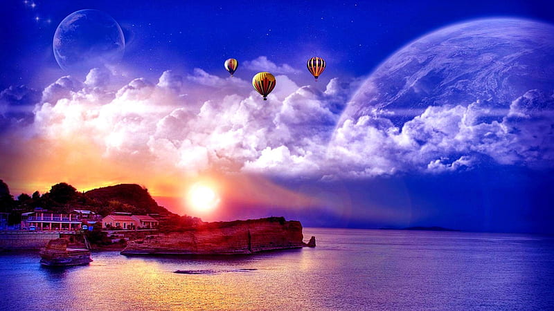 Hot air Balloon Over the Sea at Sunset, boats, ballon, houses, nature, sunset, clouds, sky, sea, HD wallpaper