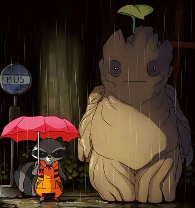 Totoro Marvel, anime, groot, guardians of the galaxy, hayao miyazaki, rocket, studio ghibli, HD phone wallpaper