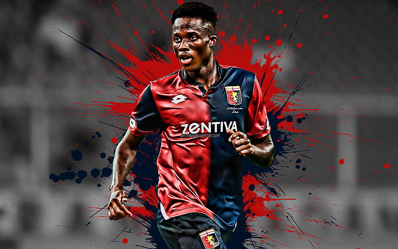 Christian Kouame Ivorian football player, Genoa CFC, striker, red blue paint splashes, creative art, Serie A, Italy, football, grunge, Genoa, Kouame, HD wallpaper