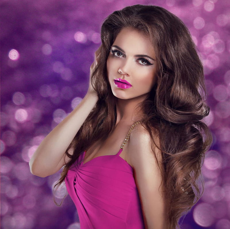 Purple Lips, gorgeous face, sensual, girl, model, beauty, long hair, purple dress, HD wallpaper