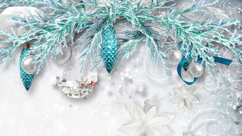 Aqua Frost, feliz navidad, christmas, cold, cyan, snow, decorations, flowers, cedar, poinsettia, frost, HD wallpaper