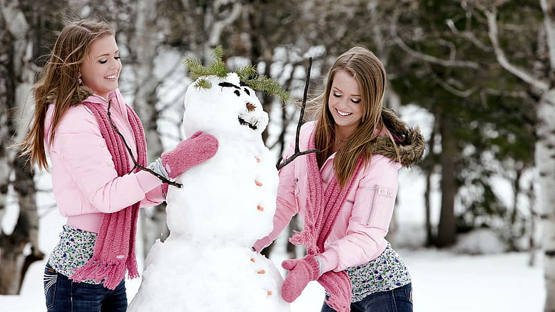 Let's Build a Snowman, sisters, bonito, women, sweet, coats, snowmobile, beauty, pink, blue eyes, blue jeans, gorgeous, models, fun, smile, campbell twins, smiling, snowman, winter, happy, jennifer and natalie campbell, brunette, snow, hop, HD wallpaper