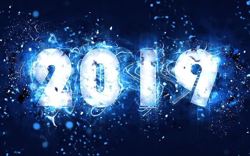 2019 year, neon lights, abstract art, 2019 concepts, blue background, creative, Happy New Year 2019, HD wallpaper