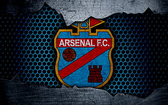 Arsenal Sarandi FC, golden logo, Argentine Primera Division, blue metal  background, HD wallpaper