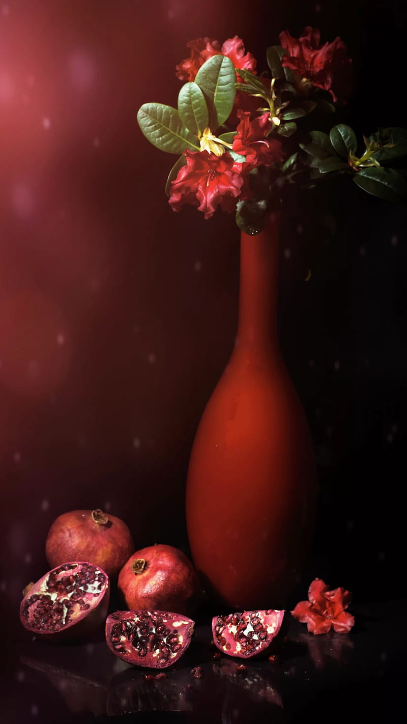 Red, flowers, food, fruit, pomegranate, portrait, vase, HD phone wallpaper