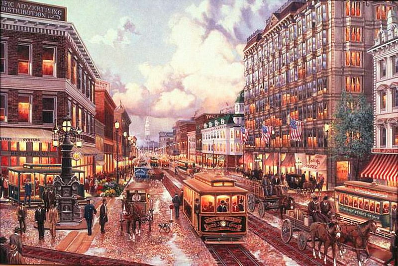 Good Old Times, buildings, artwork, peoples, horses, tram, city, flags, painting, carts, HD wallpaper
