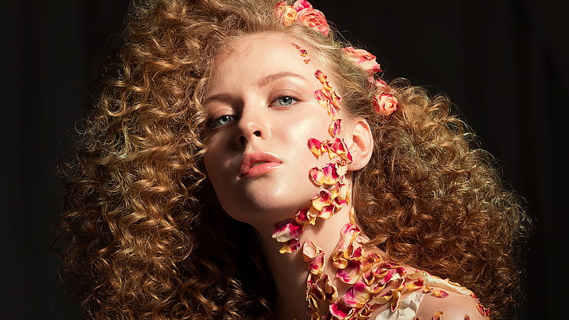 Redhead Curl Hair Blue Eyes Girl Model With Flower Petals In Black Background Girls, HD wallpaper