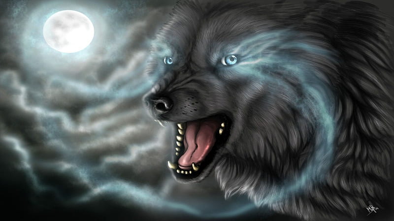 Frost Moon, art abstract, fantasy, moon, predators wild, dark, wolf, wolves, animals, night, frost, HD wallpaper