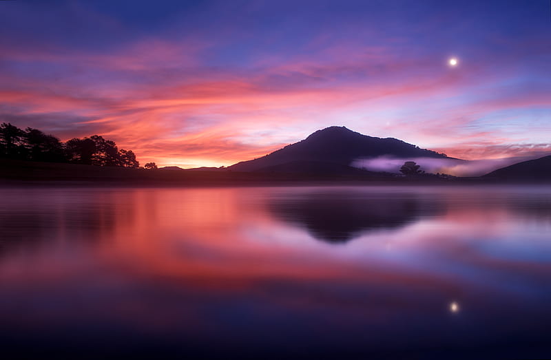 Water Under Blue And Red Sky, evening, mountains, nature, sky, reflection, HD wallpaper