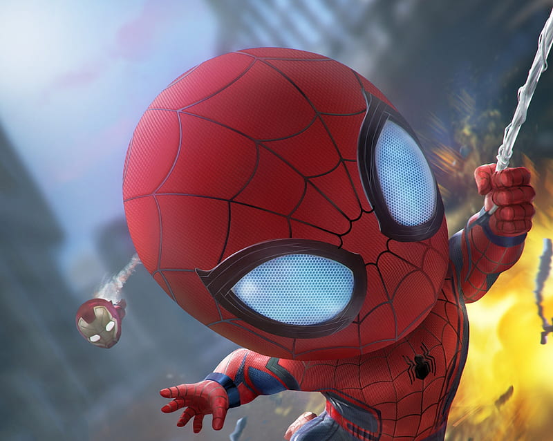 Spiderman, red, fantasy, comics, big head, HD wallpaper