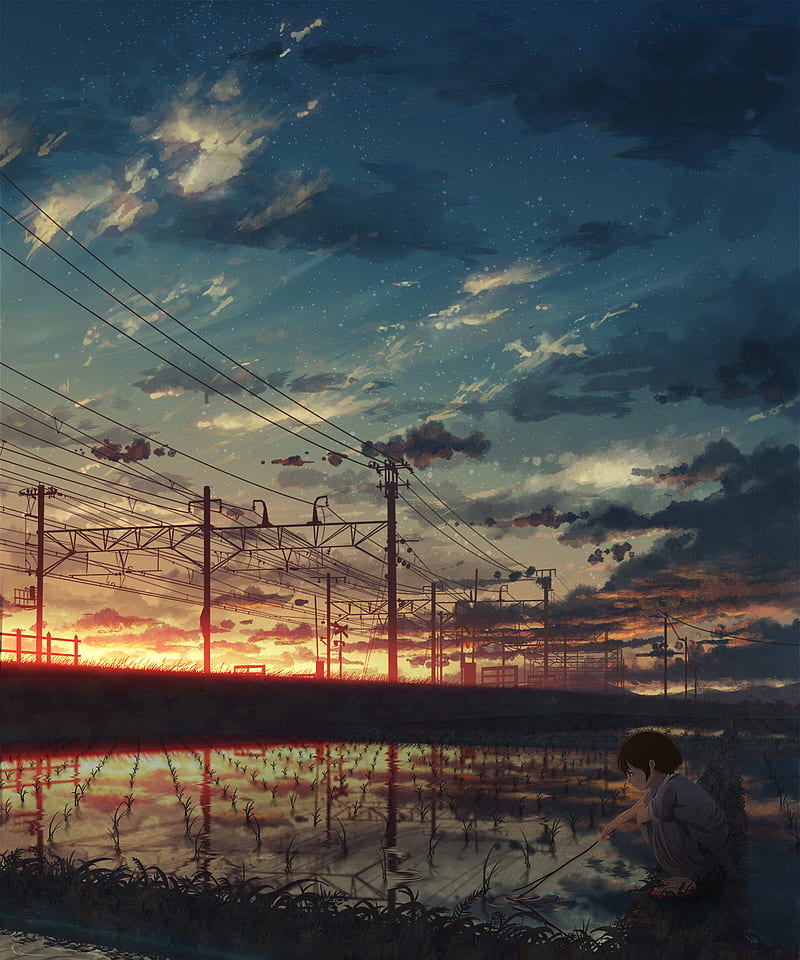 nature, landscape, clouds, rice paddy, sunset, anime girls, Natsu (artist), HD phone wallpaper