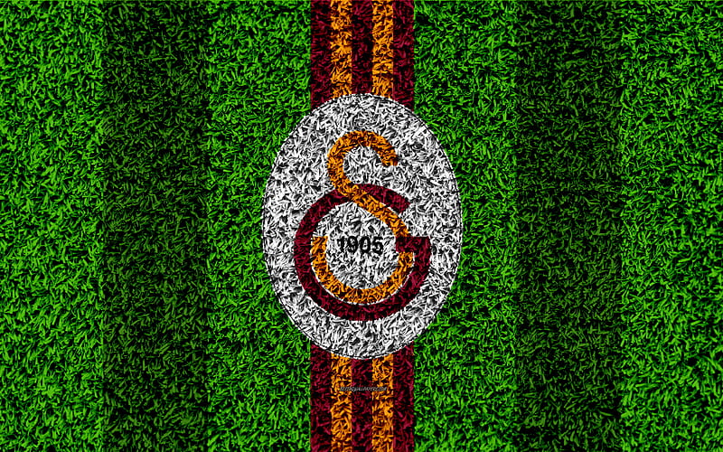 Galatasaray FC football lawn, logo, grass texture, Galatasaray emblem, burgundy yellow lines, Turkish football club, Super Lig, Istanbul, Turkey, football, Turkish football superleague, HD wallpaper