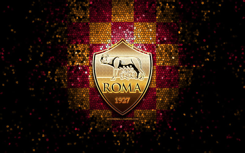 Roma FC, glitter logo, Serie A, purple orange black checkered background, soccer, AS Roma, italian football club, Roma logo, mosaic art, football, Italy, HD wallpaper