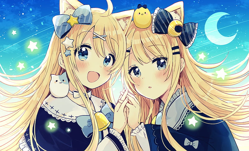 anime cat girls, loli, animal ears, blonde, smiling, crescent, cute, nekomimi, Anime, HD wallpaper