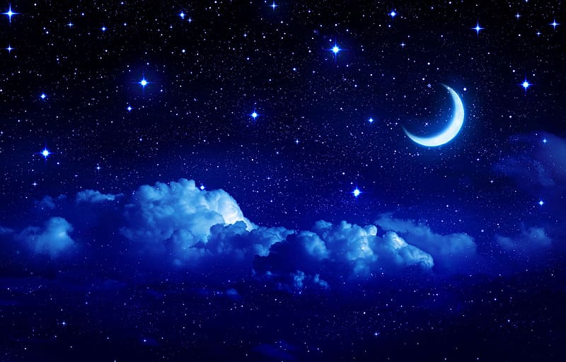 Summer night, clouds, stars, sky, moon, HD wallpaper
