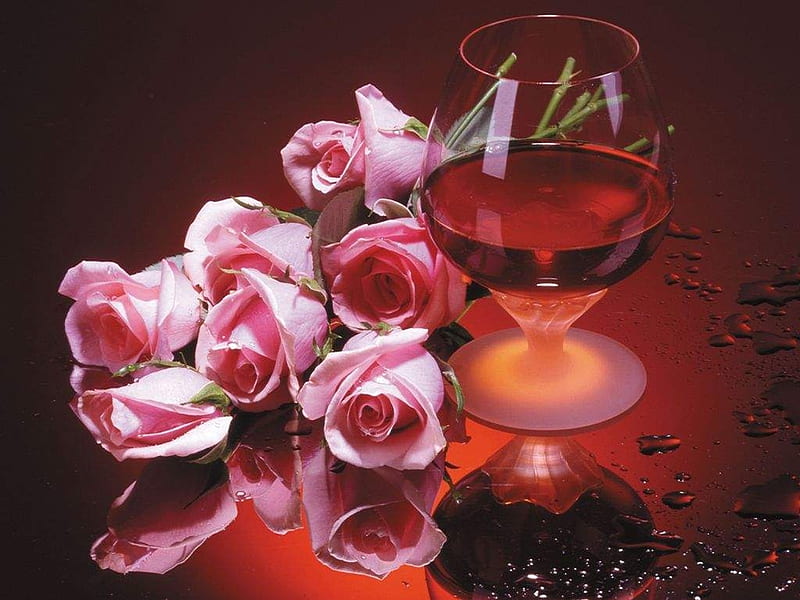 Flowers and a glass of brandy, flowers, brandy, wine, HD wallpaper