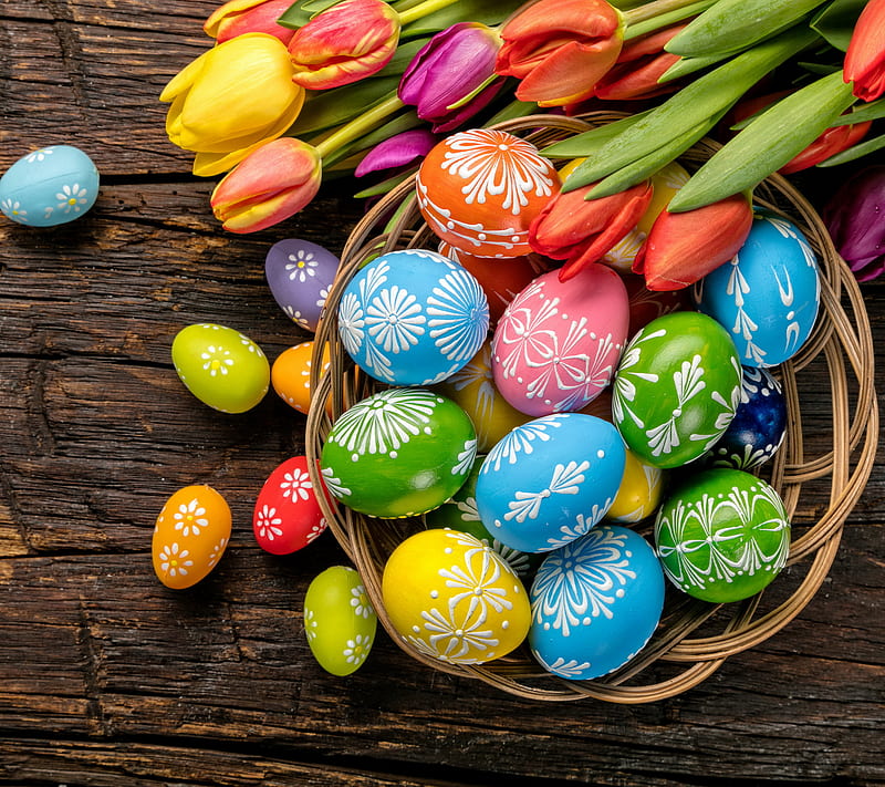 Easter, colorful, eggs, holiday, spring, tulips, HD wallpaper
