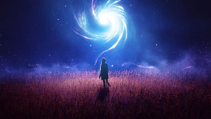 swirl, magical, dreamy, woman, field, starry sky, Fantasy, HD wallpaper