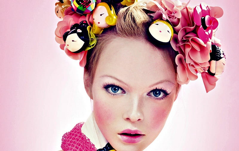 Siri Tollerod, model, woman, doll, make-up, girl, flower, beauty, blue eyes, pink, HD wallpaper