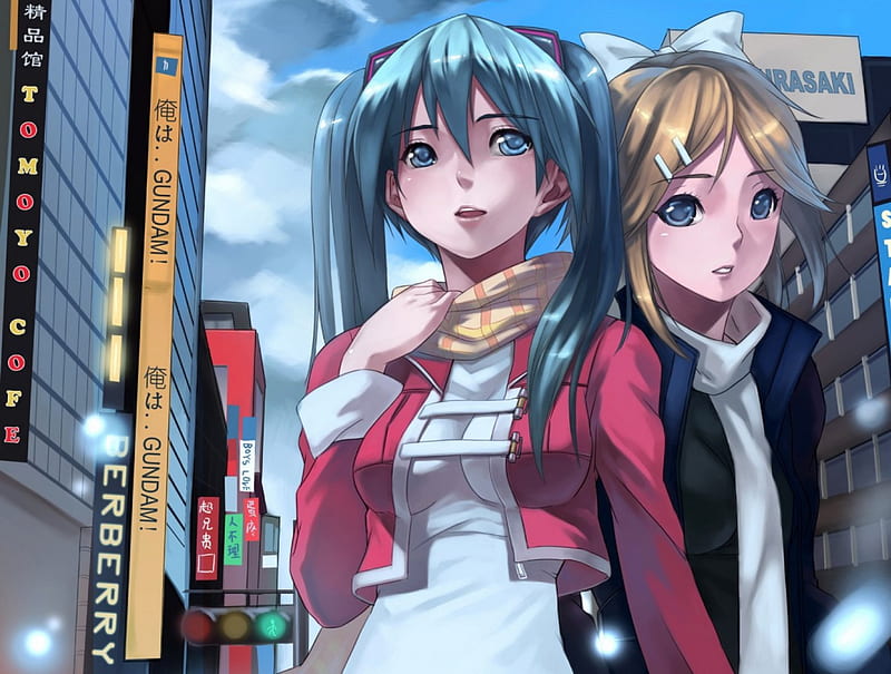 Miku And Rin Cute Vocaloid Blond Twin Tale Blue Hair Rin Miku Anime Girls Hd Wallpaper Peakpx